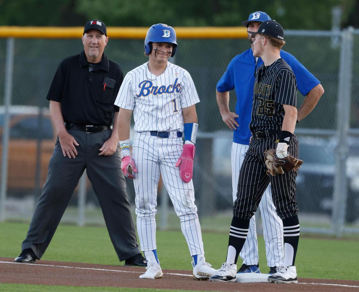 Brock center fielder Jesse Rusinek (1) chuckles after reaching first base on an intentional walk during a UIL Area Round 4A D2 baseball playoff game at Ranger Field in Saginaw, Texas, Friday, May 09, 2025.