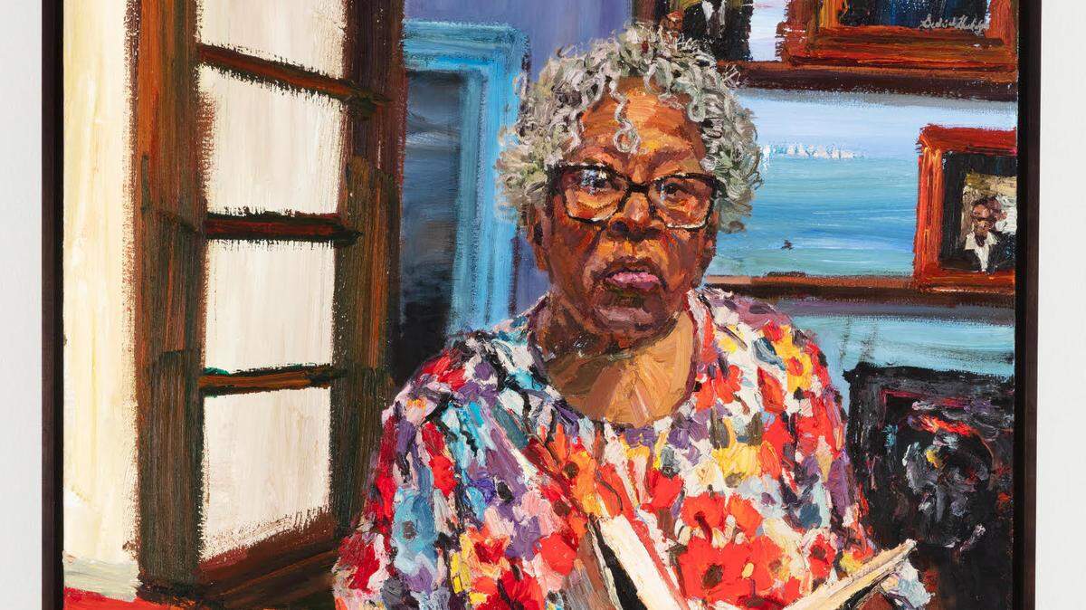 Painting of Opal Lee sitting at her dining table, holding an open book, wearing a floral blouse, looking to her right