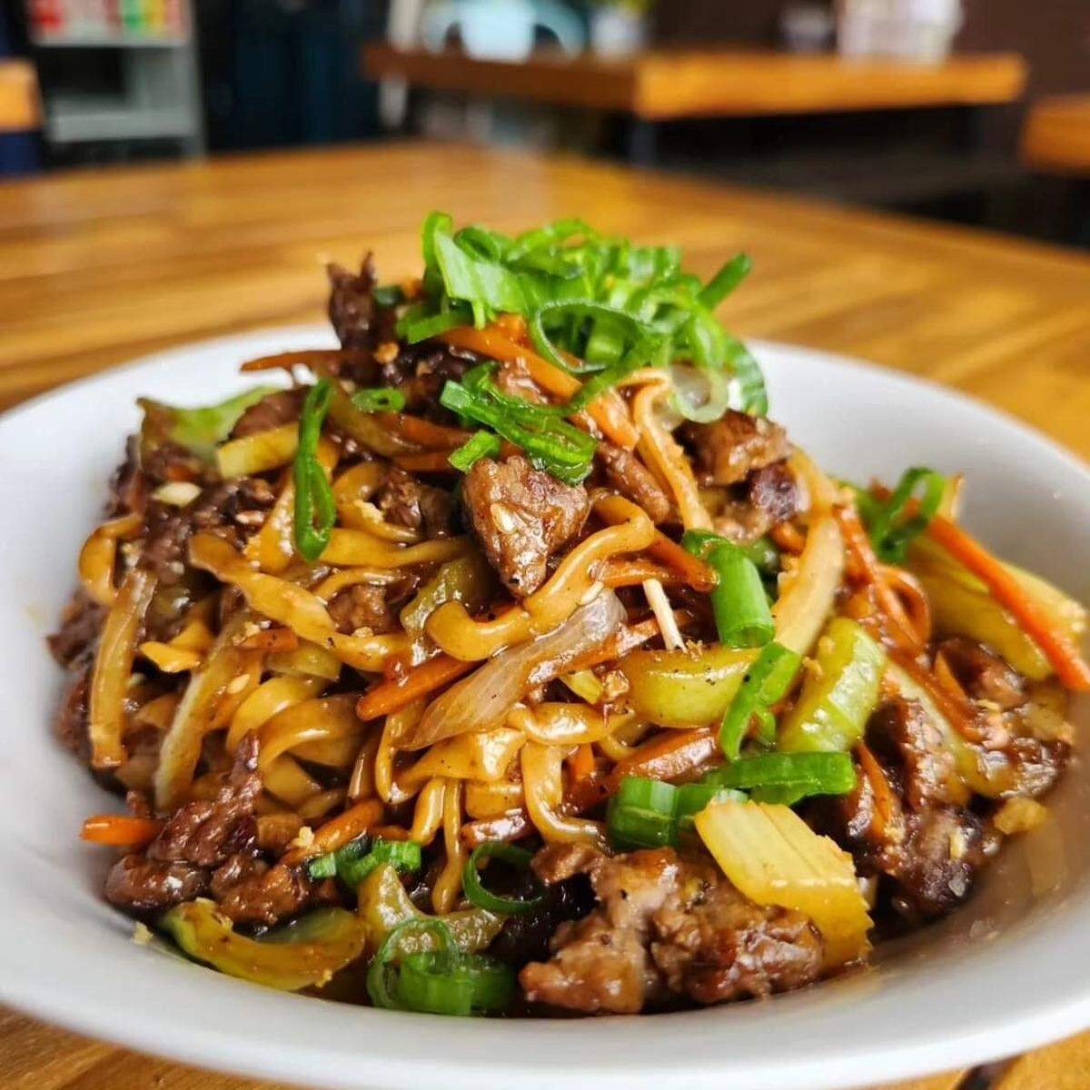 Stir Fry Beef egg noodle, marinated beef and a mix of veggies, wok tossed in POM stir fry sauce at Pantry on Magnolia in Fort Worth on September 16, 2025.