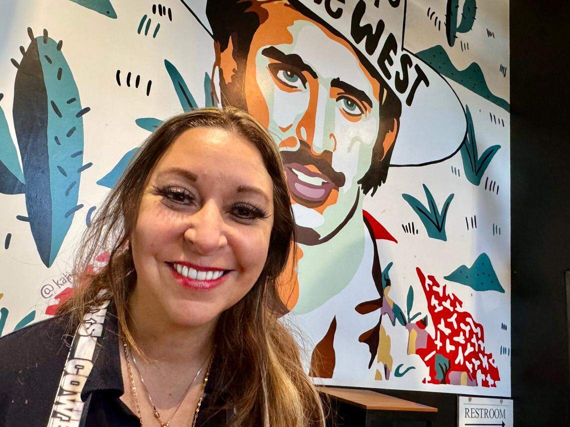 Enchiladas Ole founder Mary Patino Vasquez and a mural in the Camp Bowie Boulevard location.