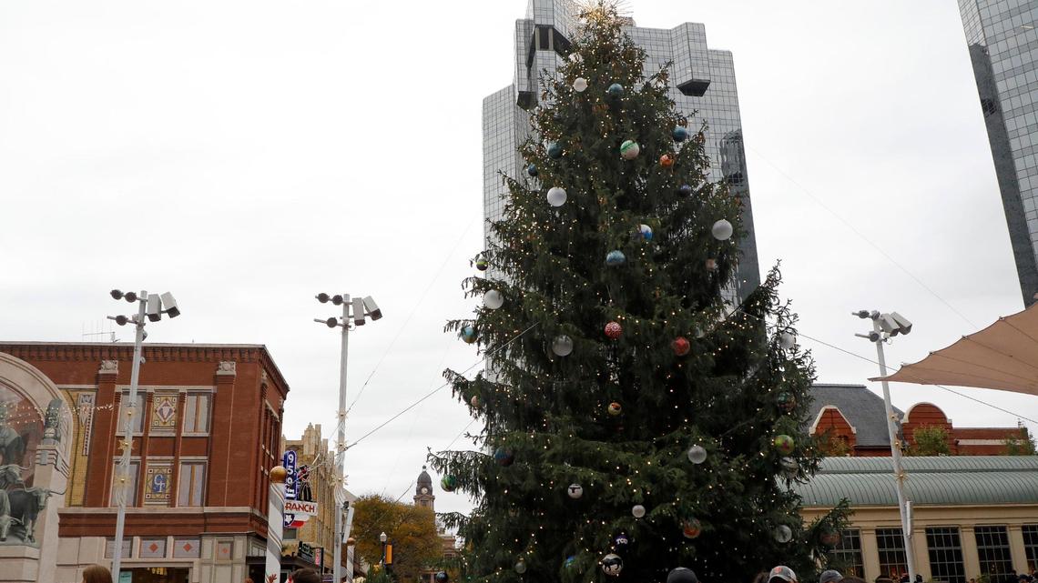 Fort Worth’s Christmas Tree sits in Sundance Square during the 2021 Fort Worth Parade of Lights in downtown Fort Worth, Texas, Sunday Nov. 21, 2021. Some people arrived for the parade as early as 2pm. The annual parade was back this year after last years viral performance. (Special to the Star-Telegram Bob Booth)