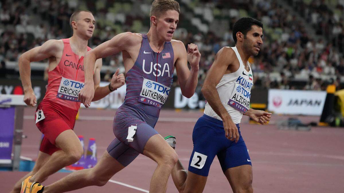 Sep 16, 2025; Tokyo, Japan; Cooper Lutkenhaus (USA) and Ebrahim Alzofairi (KUW) run in the men's 800 meters qualifying during the World Athletics Championships at National Stadium. Mandatory Credit: Kirby Lee-Imagn Images