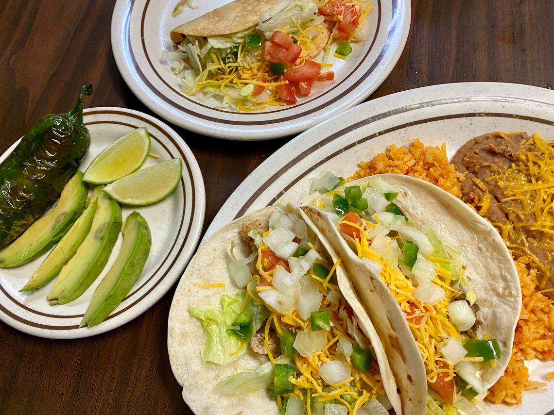 A taco lunch plate (two soft, one crispy) at Day Break Cafe in Fort Worth.