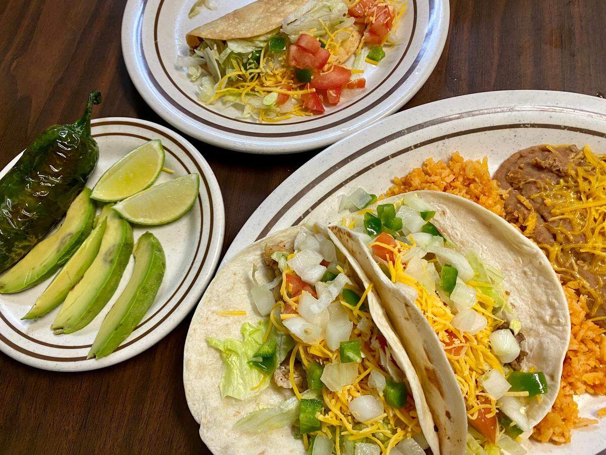 A taco lunch plate (two soft, one crispy) at Day Break Cafe in Fort Worth.