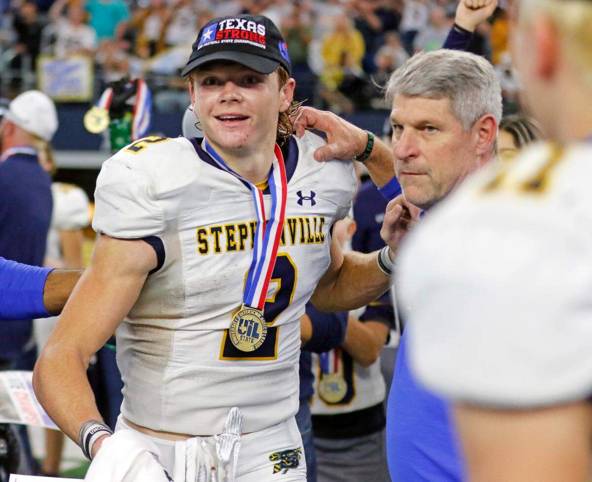 Stephenville wide receiver Coy Eakin (2) is announced as the games offensive MVP after a high school 4A division 1 state championship football game at AT&T Stadium in Arlington, Texas, Friday, Dec. 17, 2021. Stephenville defeated Austin LBJ 38-21. (Special to the Star-Telegram Bob Booth)