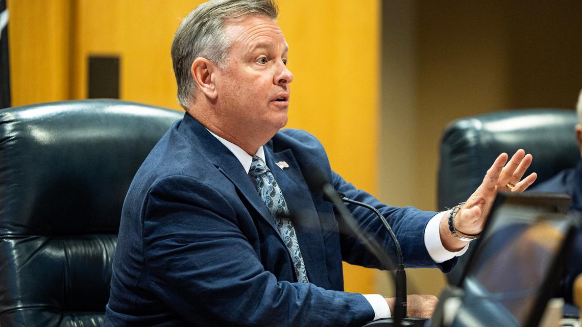 Tarrant County Judge Tim O’Hare tells the attendees of the court room to silence their unsolicited comments during the public comment portion of a special meeting at the Tarrant County Commissioners Court in the Tarrant County Administration Building in Fort Worth on Thursday, Sept. 12, 2024.