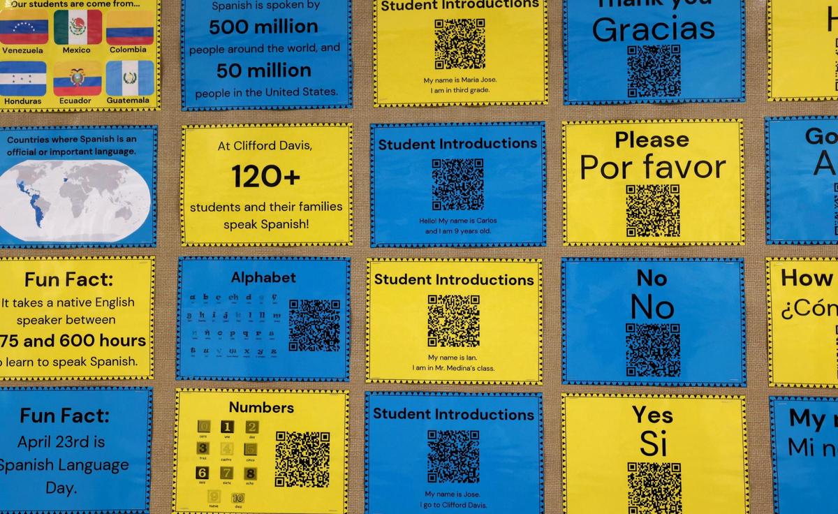 A bulletin board highlights phrases in Spanish as well as facts about the language at Clifford Davis Elementary School. There are more than 40 identified languages spoken at the elementary school with additional ones that have yet to be identified, according to Clifford Davis Principal Ebony Key.