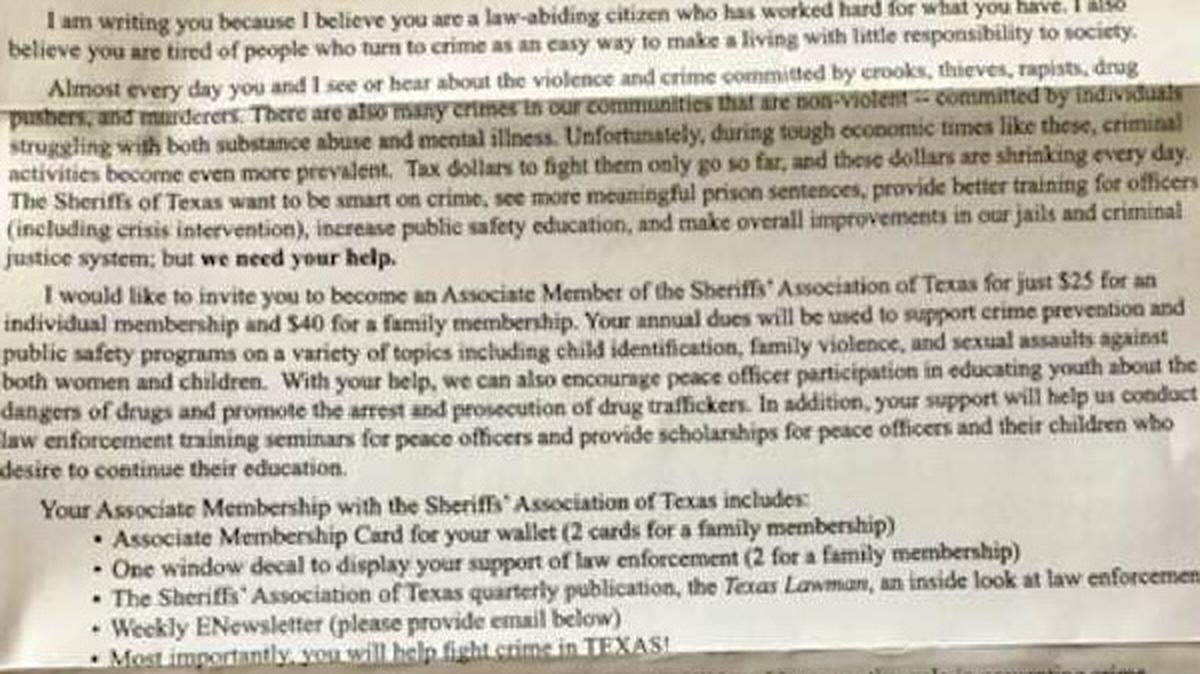Text from a solicitation letter for gifts to the Texas Sheriffs’ Association.