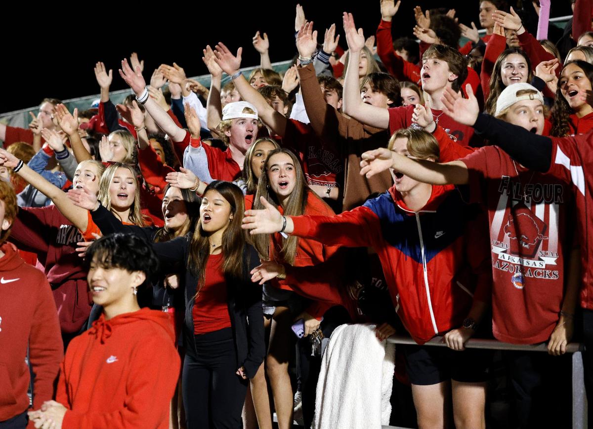 Allen fans cheer their teams touchdown in a UIL Conference 6A Division 1 area round football playoff game at Dragon Stadium in Southlake Texas, Friday, Nov. 17, 2023.