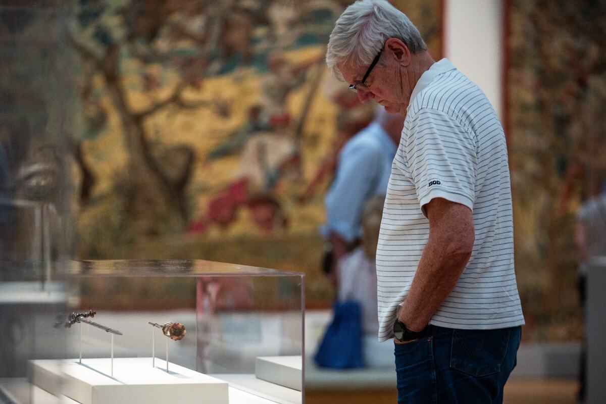 McKinney resident Harvey Etter looks at a display in the ‘Art and War in the Renaissance: The Battle of Pavia Tapestries’ exhibit on Friday, June 14, 2024, at the Kimbell Art Museum.