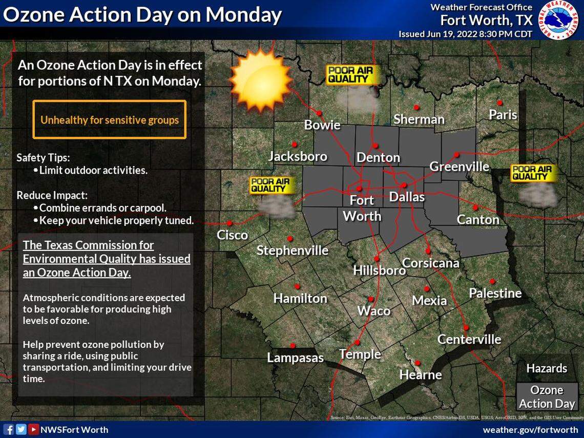 Temperatures will be at or near triple digits this week in North Texas and conditions are expected to cause high levels of ozone on Monday.