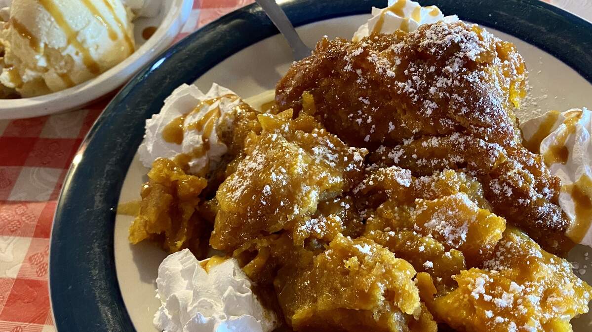 Fresh-baked apple strudel with ice cream at Little Germany Restaurant.