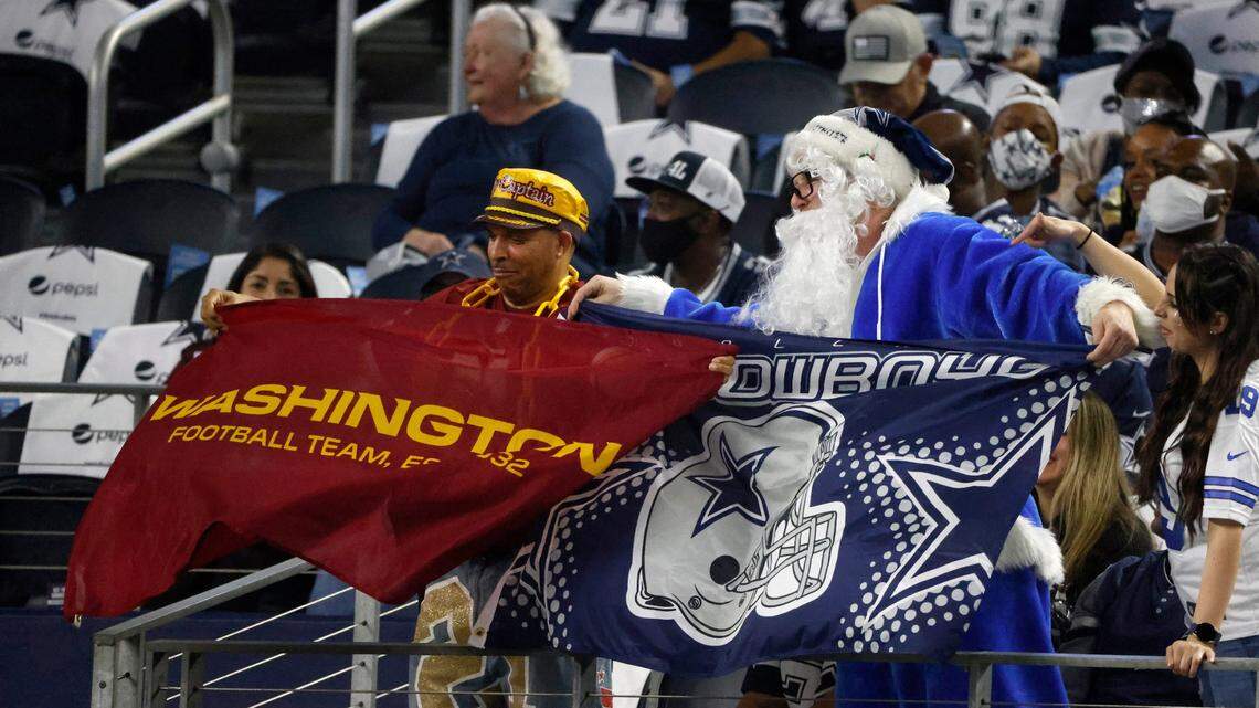 Dallas Cowboys fans celebrated the team’s NFC East title ahead of Sunday’s kickoff against the Washington Football Team. The Cowboys clinched the division when the Raiders beat the Broncos earlier in the day, by virtue of a strength-of-victory tiebreaker with the Eagles.