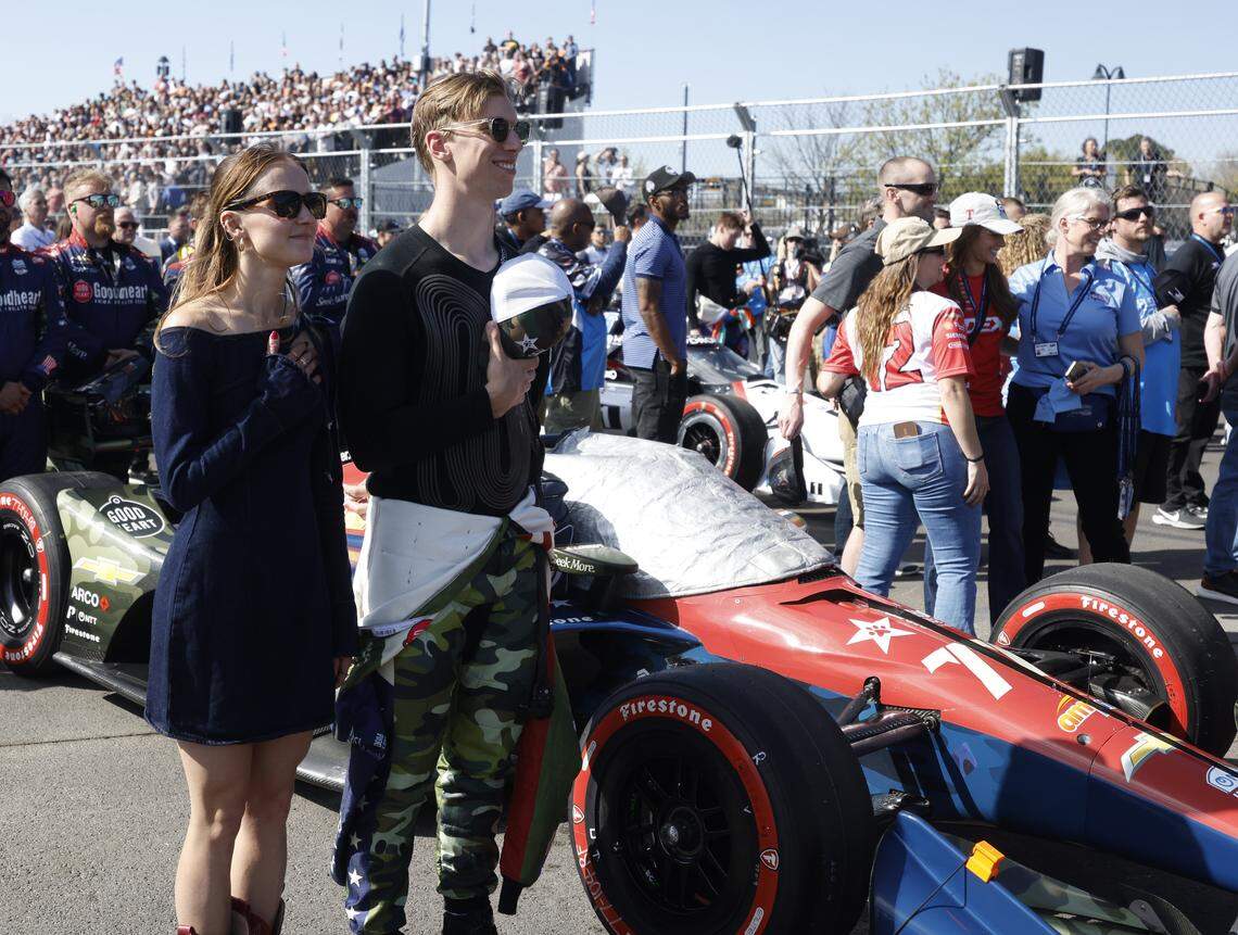 Sting Ray Robb (77) stops for the national anthem before the inaugural Java House Grand Prix of Arlington in Arlington, Texas, Sunday, March, 15, 2026.