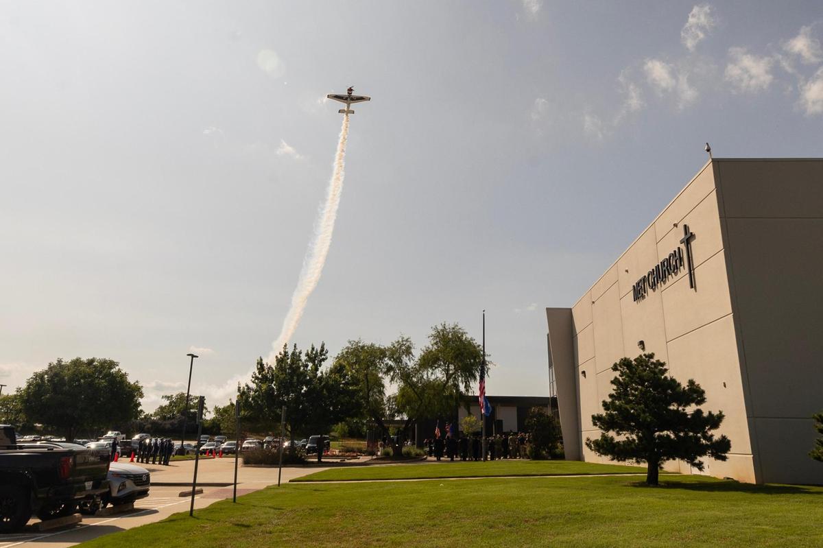 Matt Byrd, former U.S. Air Force Thunderbird pilot and President & CEO of Hillwood Aviation, conducts a flyover during the military ceremony for the funeral of Ava Moore at Met Church in Keller on Saturday, May 31, 2025.