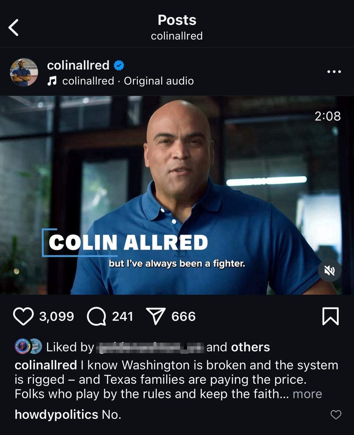 Popular Texas politics social media account Howdy Politics swiftly rejects Colin Allred’s announcement that he is running for US Senate. (Instagram)