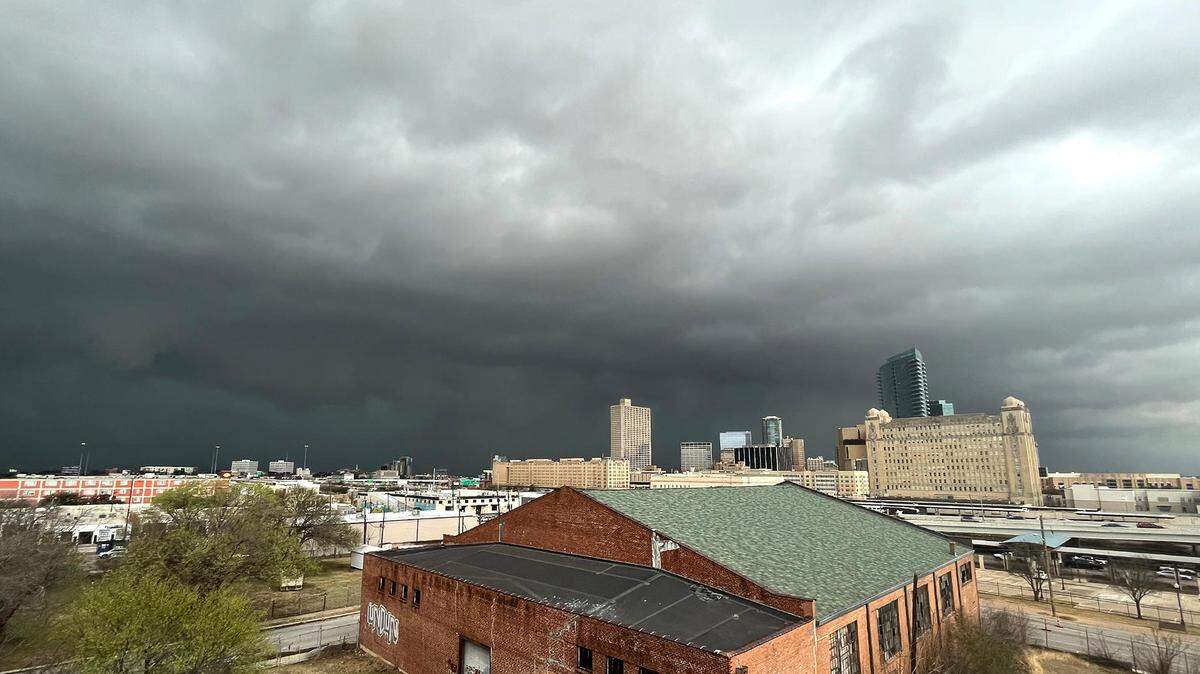 Storm clouds roll into downtown Fort Worth around 5:30 pm on Monday, March 21, 2022. This photo does not show a tropical funnel cloud.