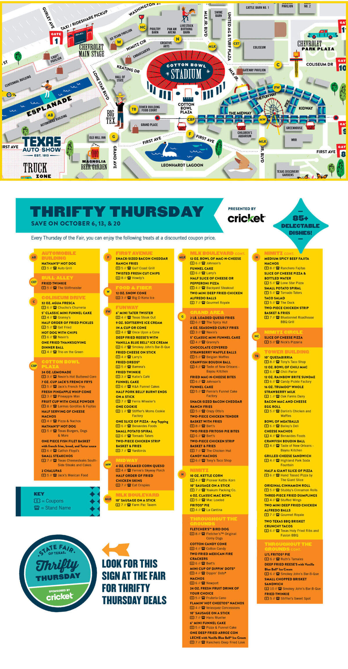 A map and list of special food pricing at the State Fair of Texas on Thrifty Thursdays.
