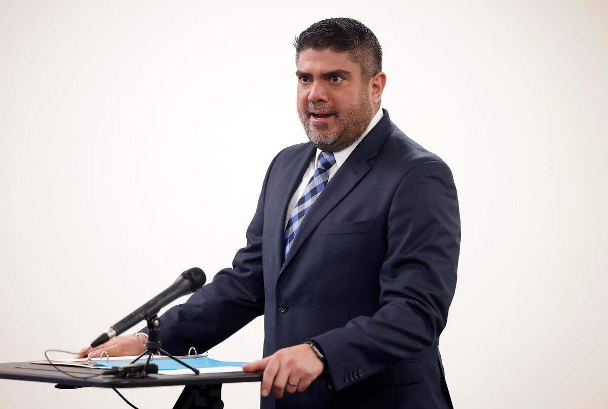 O.D. Wyatt High School Principal Armando Gallegos speaks during an event celebrating the opening of Chaparral THRIVE Market on Wednesday, January 31, 2024, in Fort Worth. The on-campus grocery store will provide access to nutritious food for students and their families.