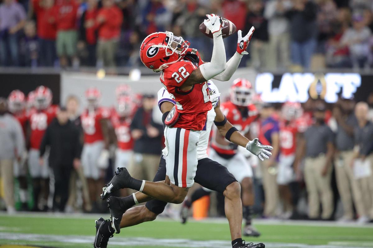 Georgia Bulldogs defensive back Javon Bullard intercepts a pass intended TCU Horned Frogs wide receiver Quentin Johnston in the second quarter during the College Football Playoff National Championship on Monday, Jan. 9, 2023, at SoFi Stadium in Inglewood, Calif.
