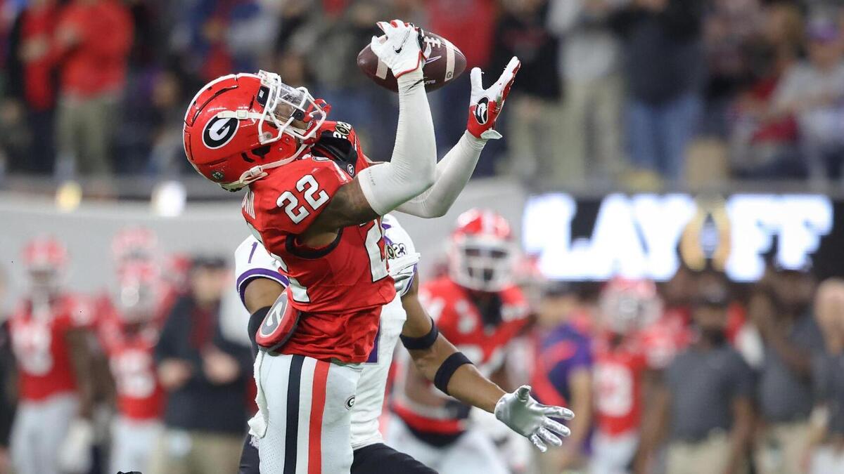 Georgia Bulldogs defensive back Javon Bullard intercepts a pass intended for TCU Horned Frogs wide receiver Quentin Johnston in the second quarter during the College Football Playoff National Championship on Monday, Jan. 9, 2023, at SoFi Stadium in Inglewood, Calif.