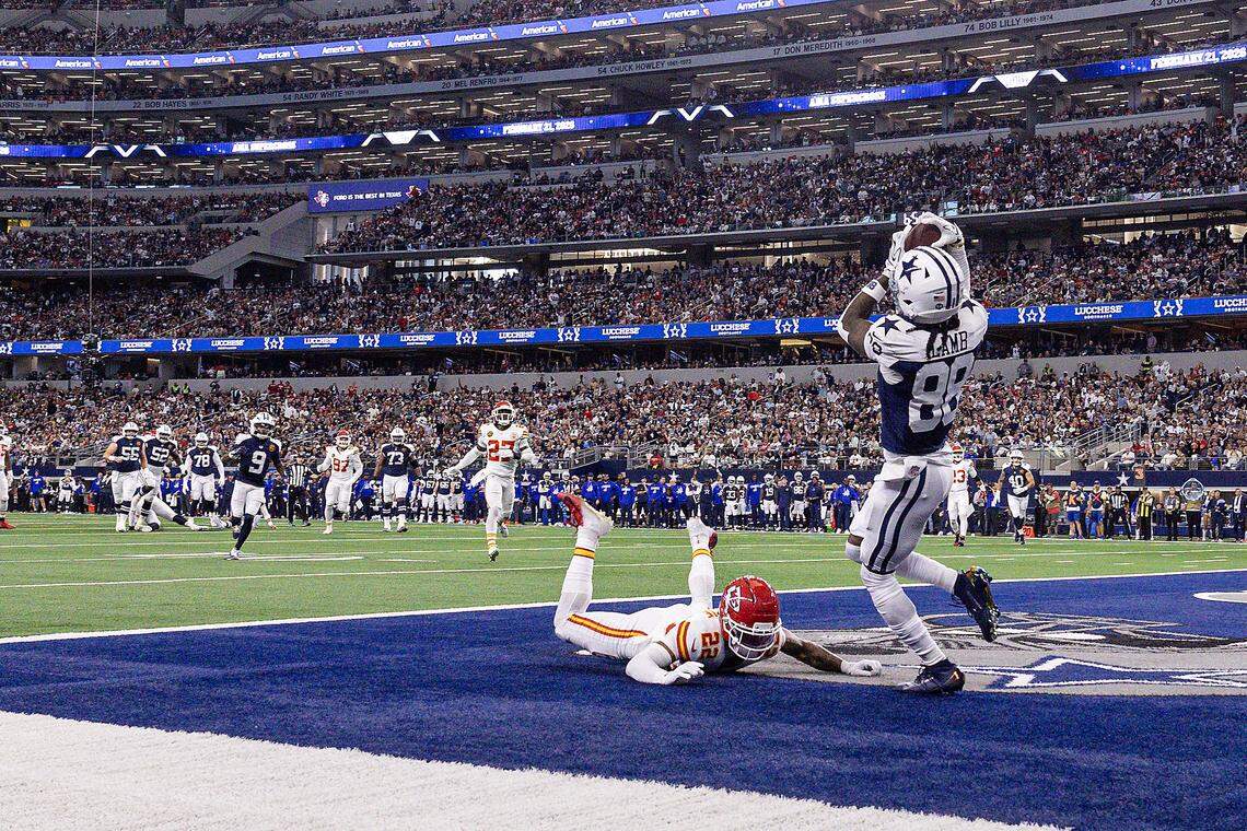Cowboys wide receiver CeeDee Lamb (88) catches a touchdown in the first half of an NFL game between the Dallas Cowboys and the Kansas City Chiefs at AT&T Stadium in Arlington on Thursday, Nov. 27, 2025.