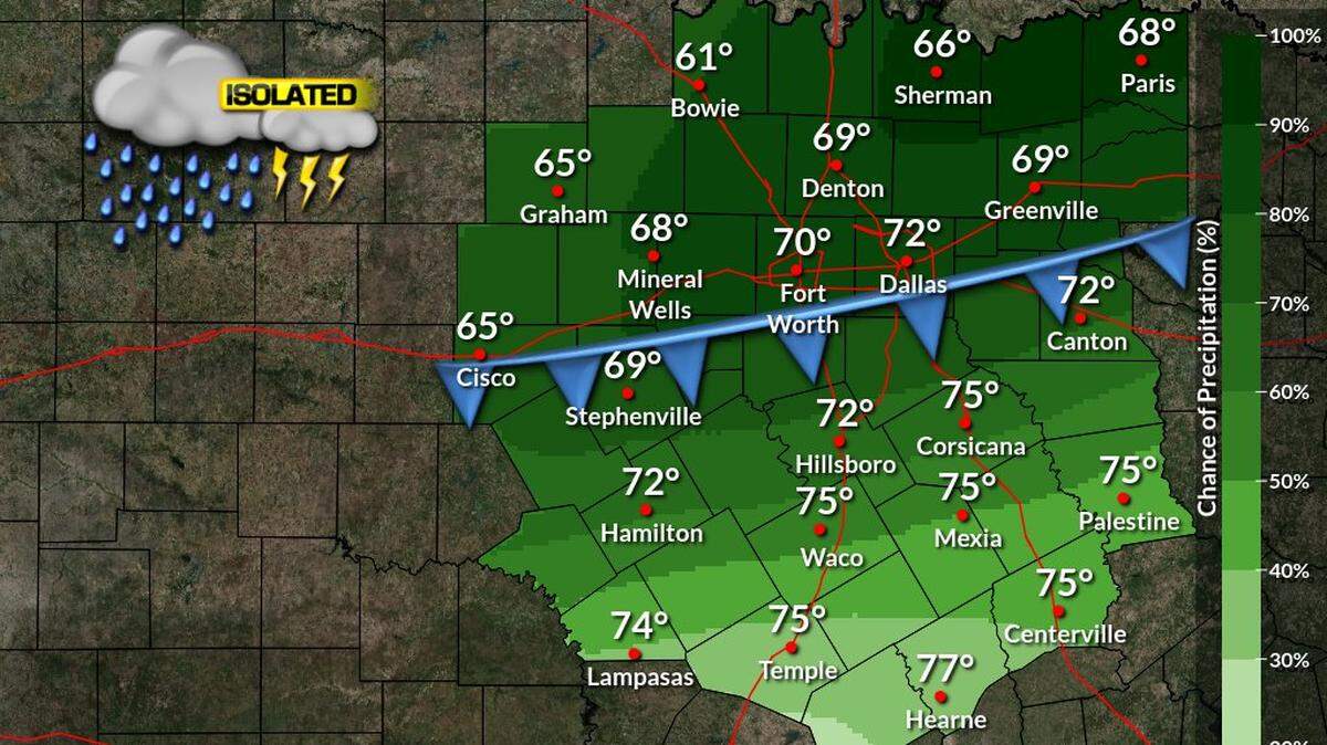 A cold front will move across North and Central Texas on Saturday afternoon and evening.