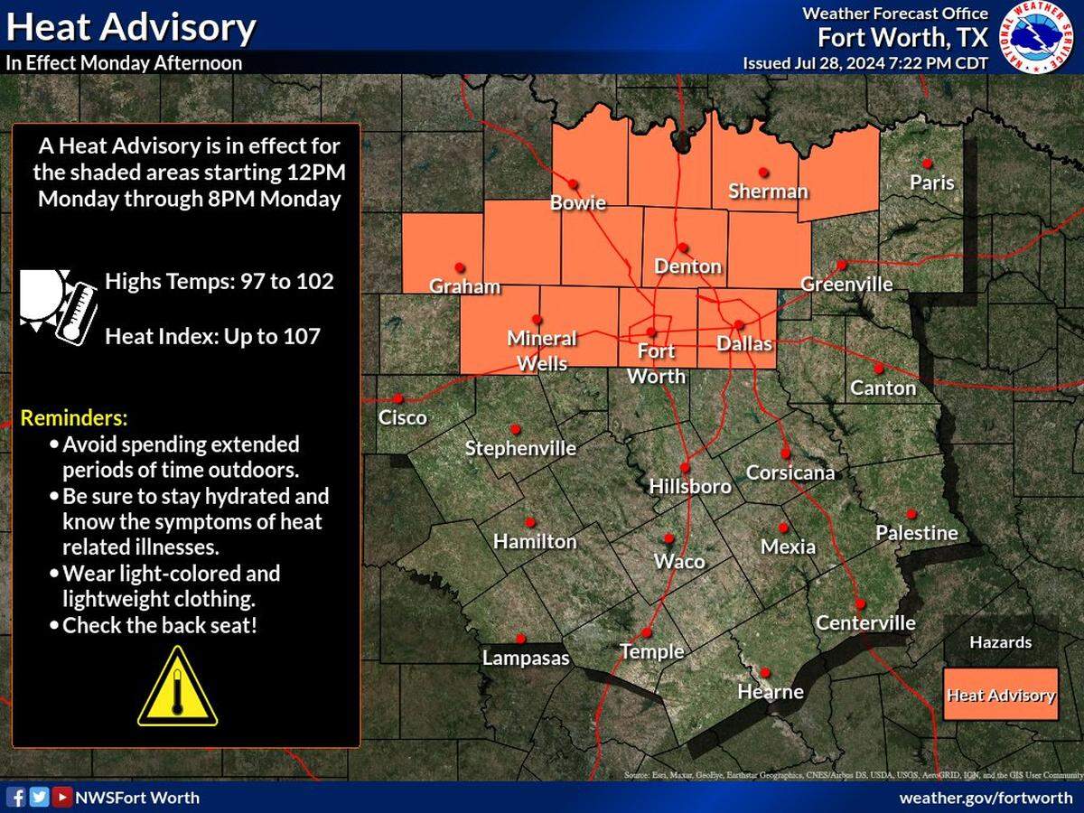 A heat advisory will be in effect Monday for the afternoon and evening hours.