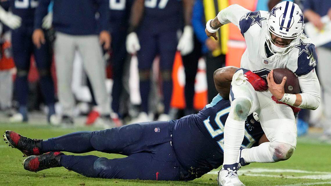 Dallas Cowboys quarterback Dak Prescott (4) appeared to suffer a knee injury on this sack by Tennessee Titans defensive tackle Teair Tart (93) in the 27-13 victory but there are no concerns about his availability moving forward.