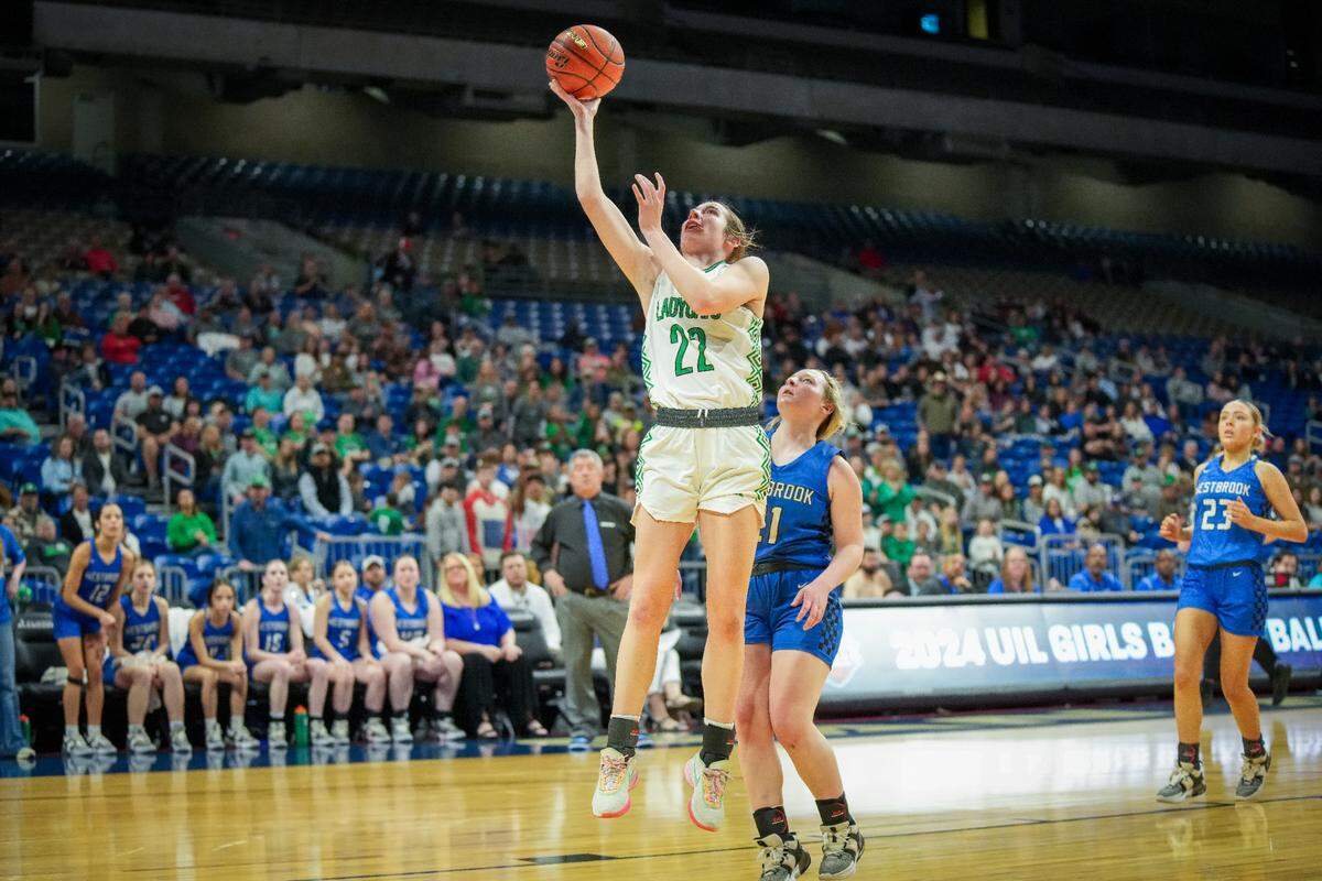 Newcastle’s Mattie Dollar goes up for two of her game-high 32 points in a 59-37 win over Westbrook in a Class 1A state semifinal on Thursday, February 29, 2024 at the Alamodome in San Antonio, Texas.