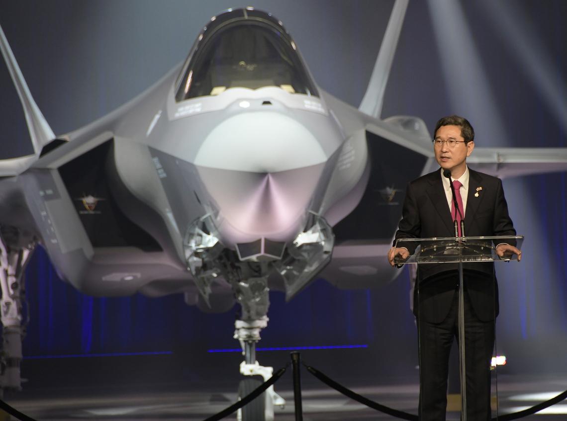 Kim, Hack-Young, Chairman of National Defense Committee Republic of Korea National Assembly, speaking during the public 'roll out' of the first Republic of Korea Air Force (ROKAF) F-35A Lightning II at Lockheed Martin Aeronautics in Fort Worth, TX, Wednesday, March 28, 2018.