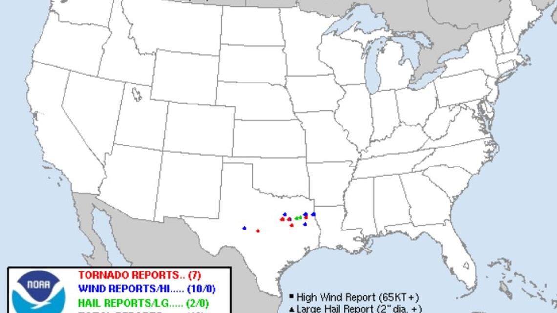 Preliminary tornado reports from the National Weather Service in Fort Worth.