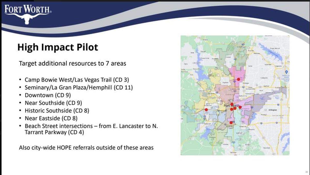 A map of Fort Worth showing areas where homeless pilot program will target