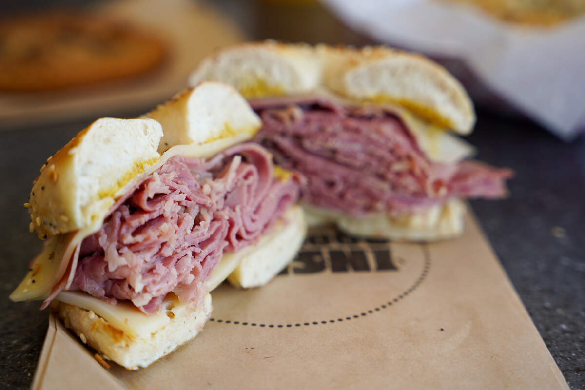 Barry Bagel pastrami bagel sandwich. Barry Bagels from Ohio is known for their fresh-made bagels and high quality ingredients.