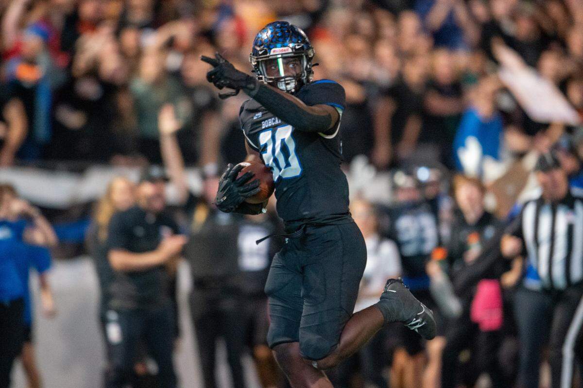 Linebacker Jacoven Julian records a pick six at Northwest ISD Stadium on Friday, Oct. 27, 2023.