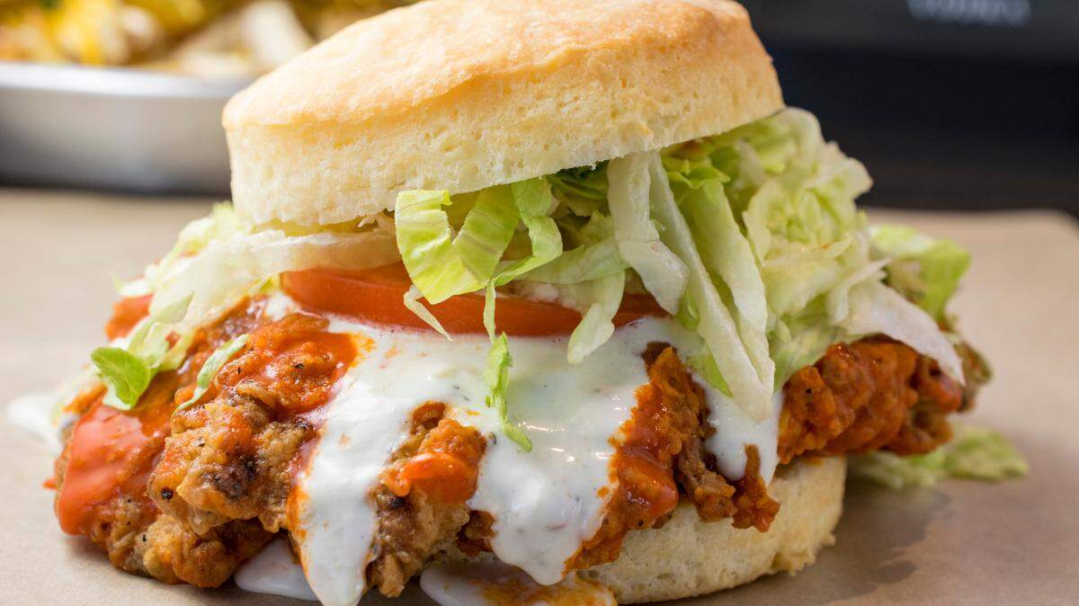 The Buffalo chicken biscuit with blue cheese dressing.