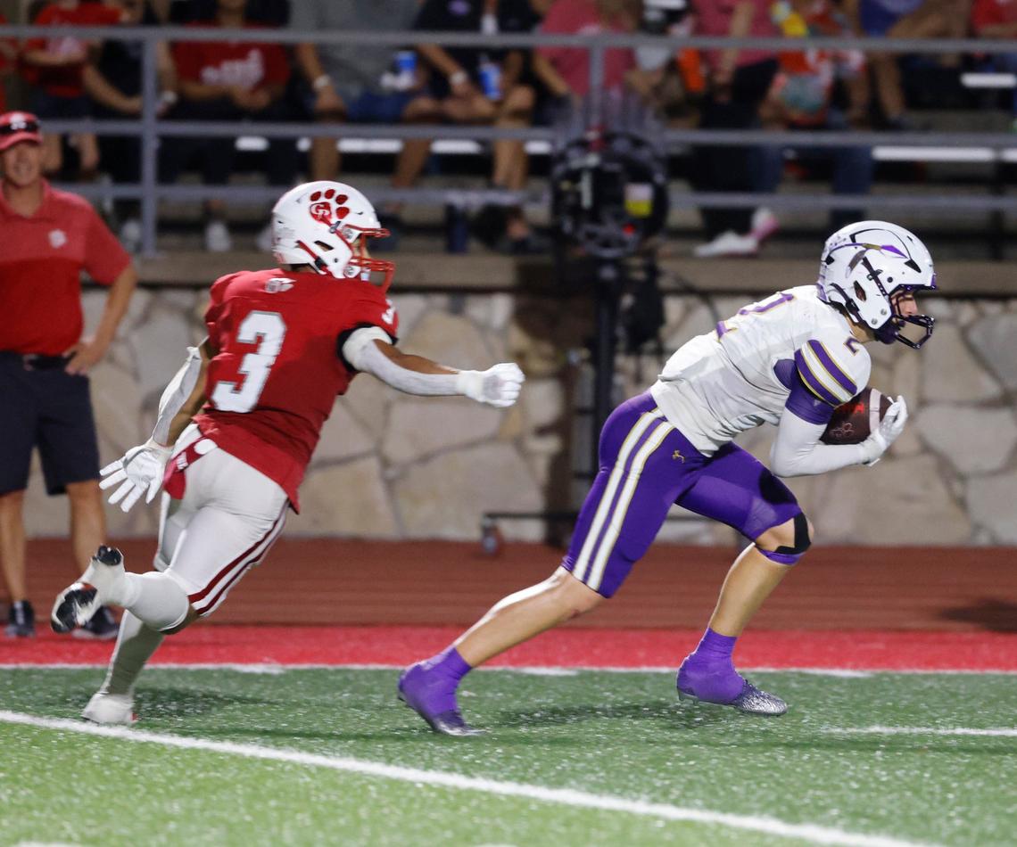 Alvarado safety Layne Woolard (2) intercepts the ball intended for Glen Rose wide receiver Josiah Groeneweg (3) during a UIL football game at Tiger Stadium in Glen Rose Texas, Friday, Sept. 27, 2024.
