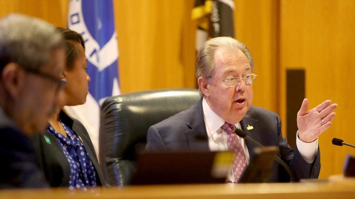 Tarrant County Judge Glen Whitley, speaking during a 2020 meeting in this file photo, voted to ask the state for a special session on gun violence.