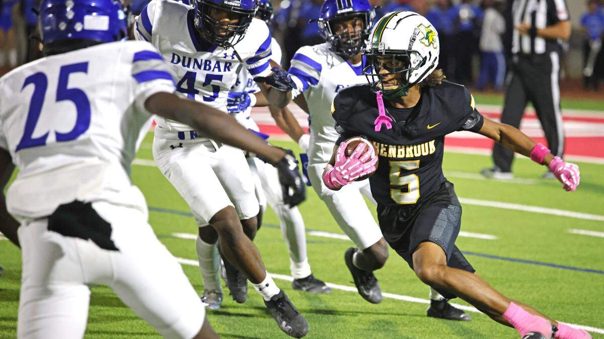 Benbrook wide receiver Dorien Johnson (5) gained 42 yards on a mishandled kickoff during the first half of a UIL football game between Benbrook and Dunbar at Herman E. Clark Stadium in Fort Worth, Texas, Friday, October 10, 2025.