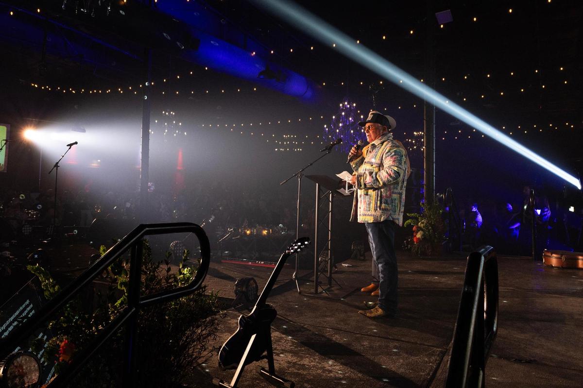 Former TCU Football Head Coach Gary Patterson address the audience gathered for the The Big Good’s annual fundraiser ‘The Big Night’ at the River Ranch Stockyards in Fort Worth on Thursday, April 3, 2025.