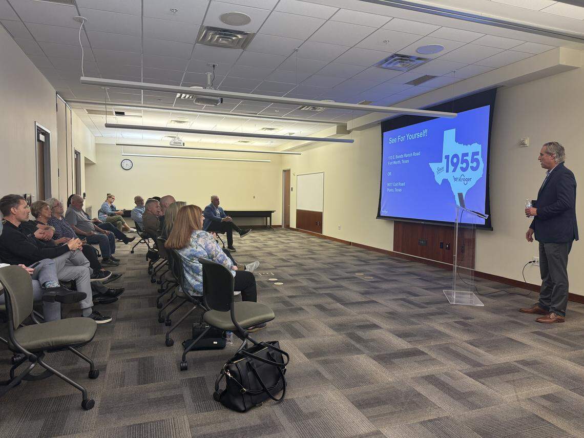 John Votava, Kroger Dallas corporate affairs director, speaking with residents about the proposed Kroger Marketplace and answering questions about their concerns.