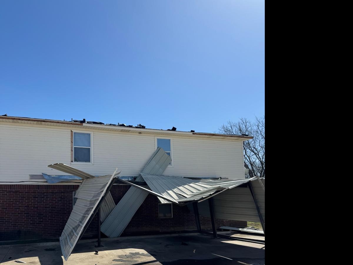 The carport under Jessica Vinzor’s apartment off Deborah Lane in Crowley. Vinzor’s complex was one of many properties across the city to sustain damage from strong early morning gusts Tuesday.