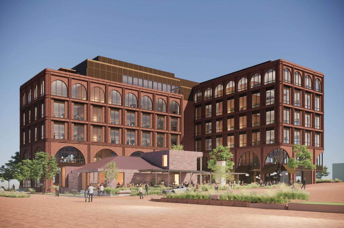Phase 1 of the Westside Village project includes one office building with an adjacent restaurant separated by a garden space. The development will break ground in early 2026 and cost $1.7 billion.