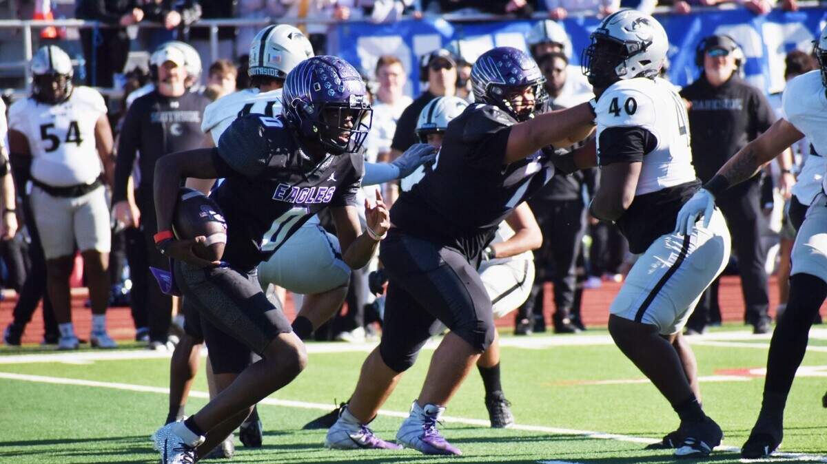 Crowley quarterback Caleb Williams keeps the ball on a run in the first quarter of a UIL football Class 6A Division II regional game against Denton Guyer at Mustang-Panther Stadium on Saturday, Nov. 30, 2024.