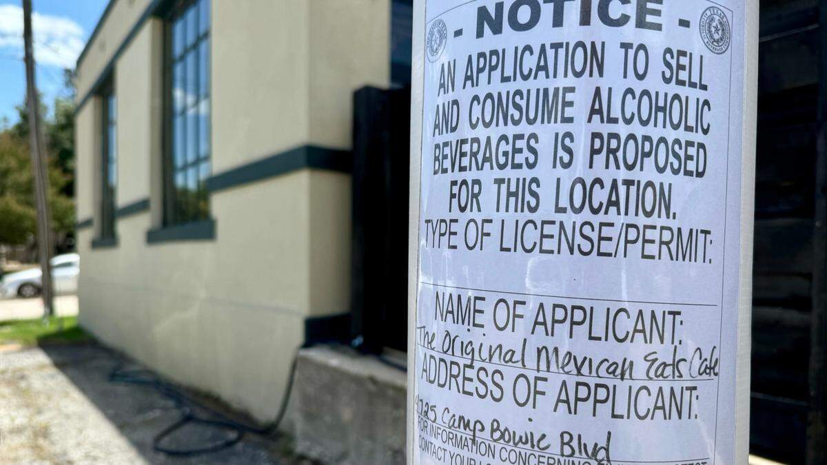A liquor notice posted on Camp Bowie Boulevard indicates some sort of possible return for The Original Mexican Eats Cafe.