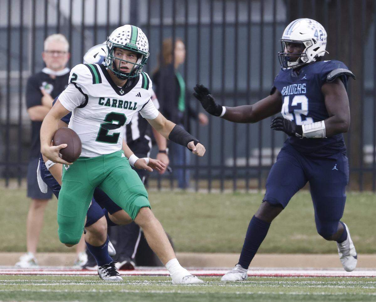 Southlake quarterback Angelo Renda (2) runs for a first down during the first half of a UIL football game between Carroll and L.D. Bell at Pennington Field in Bedford, Texas, Friday, October, 24, 2025.
