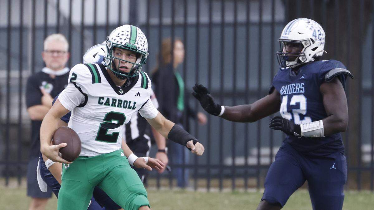 Southlake quarterback Angelo Renda (2) runs for a first down during the first half of a UIL football game between Carroll and L.D. Bell at Pennington Field in Bedford, Texas, Friday, October, 24, 2025.