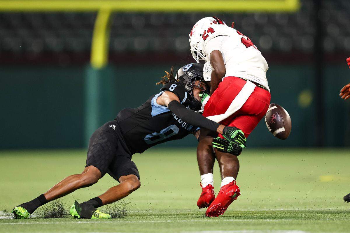 Arlington Seguin defensive back Caryell Brown tackles a Burleson wide receiver that resulted in a fumble in a district game between Arlington Seguin and Burleson at Choctaw Stadium in Arlington, Texas on Sept. 11, 2025.
