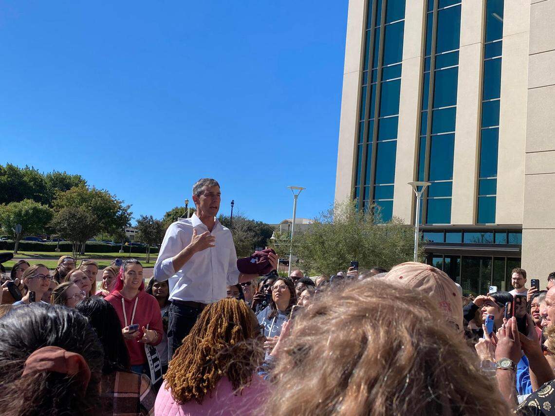 Democratic gubernatorial candidate Beto O'Rourke addresses a crowd on Tuesday, Oct. 25, 2022, outside UNT Health Science Center's voting location.