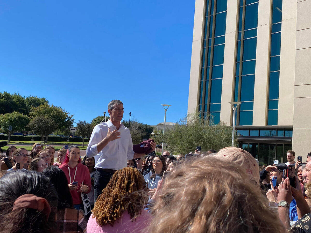 Democratic gubernatorial candidate Beto O'Rourke addresses a crowd on Tuesday, Oct. 25, 2022, outside UNT Health Science Center's voting location.